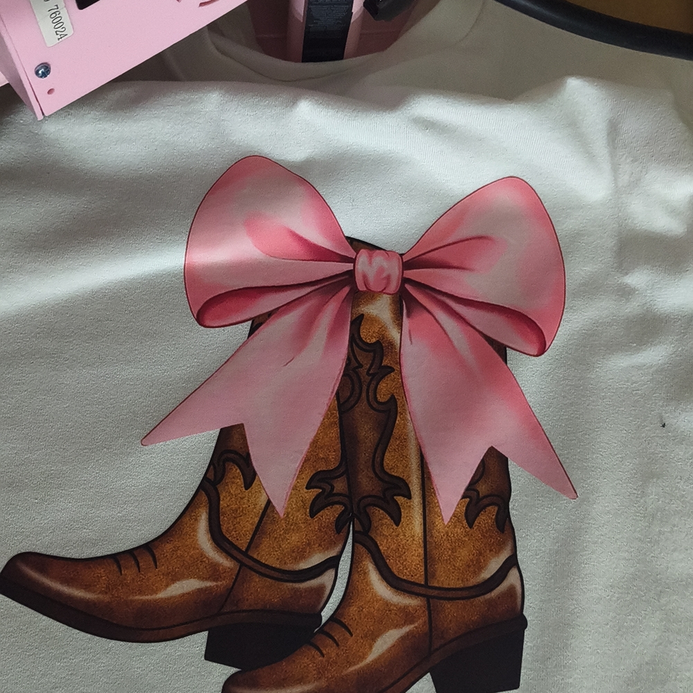 Women’s Cream Graphic Blouse with Pink Bow and Brown Boots Print